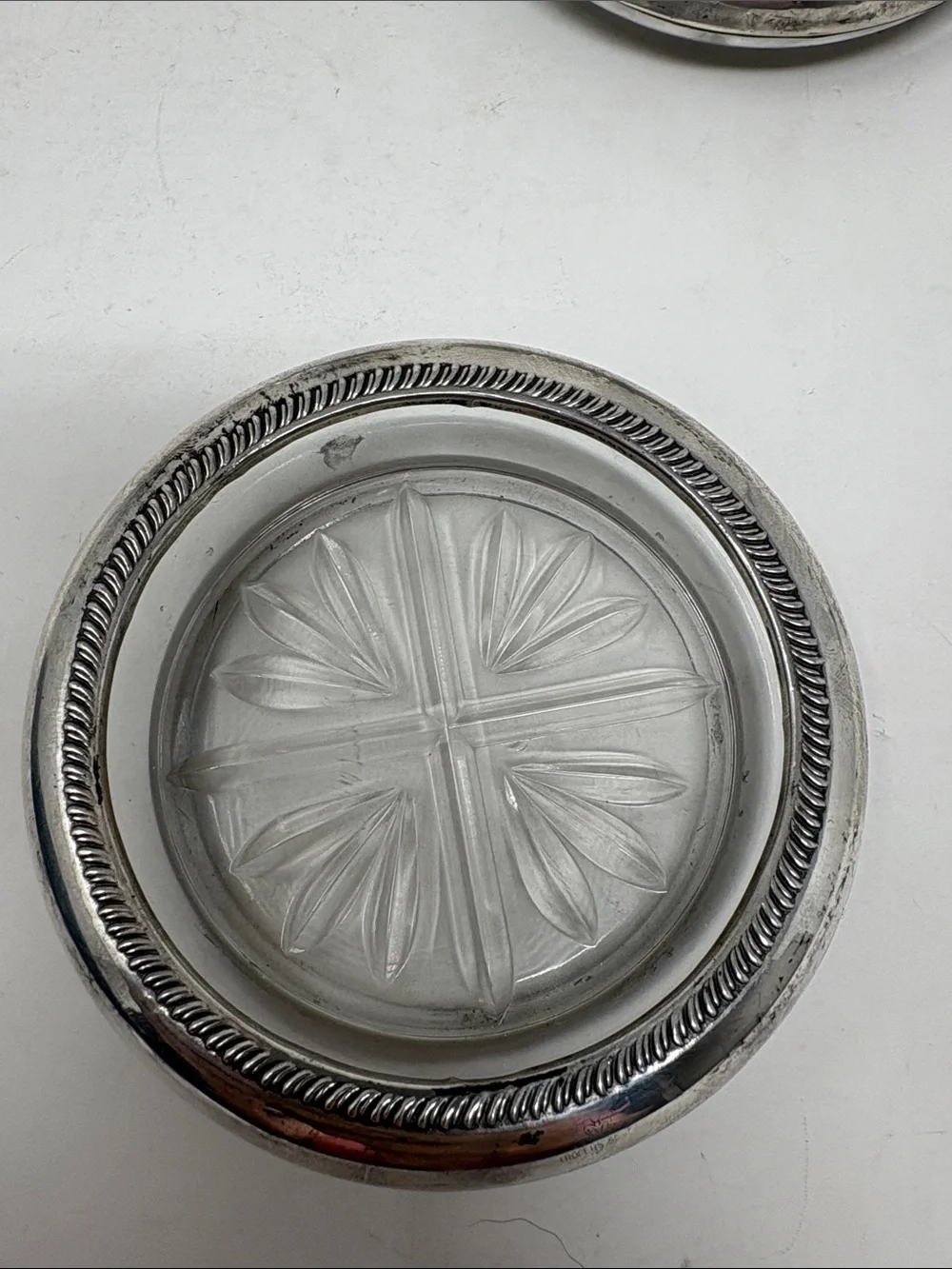 F B ROGERS Vintage Sterling Silver Rimmed Pressed Glass Set of 3 Coasters